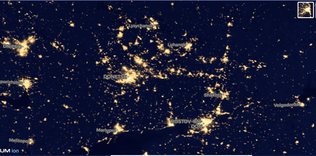 Night satellite image of the settlement system of the Donbass macroregion